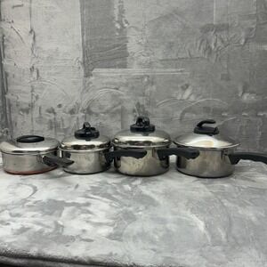 Vintage Pots 1 Ekcoware W/ Lid And 3 Steam Pots With Lids 3 USA Steal Chrome